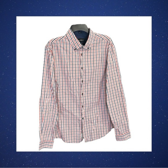 Marc Ecko White Navy, Orange Plaid Slim Fit Button Shirt Men Large - Picture 1 of 4